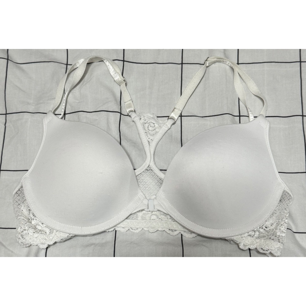 Maidenform Floral Lace T Back Bra Womens Size 34B White Front Closure Underwired